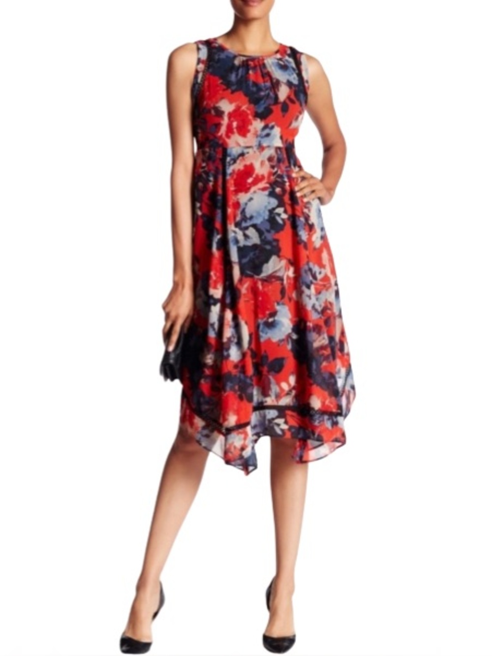 Vibrant Red and Navy Floral Midi Dress by Just...Taylor